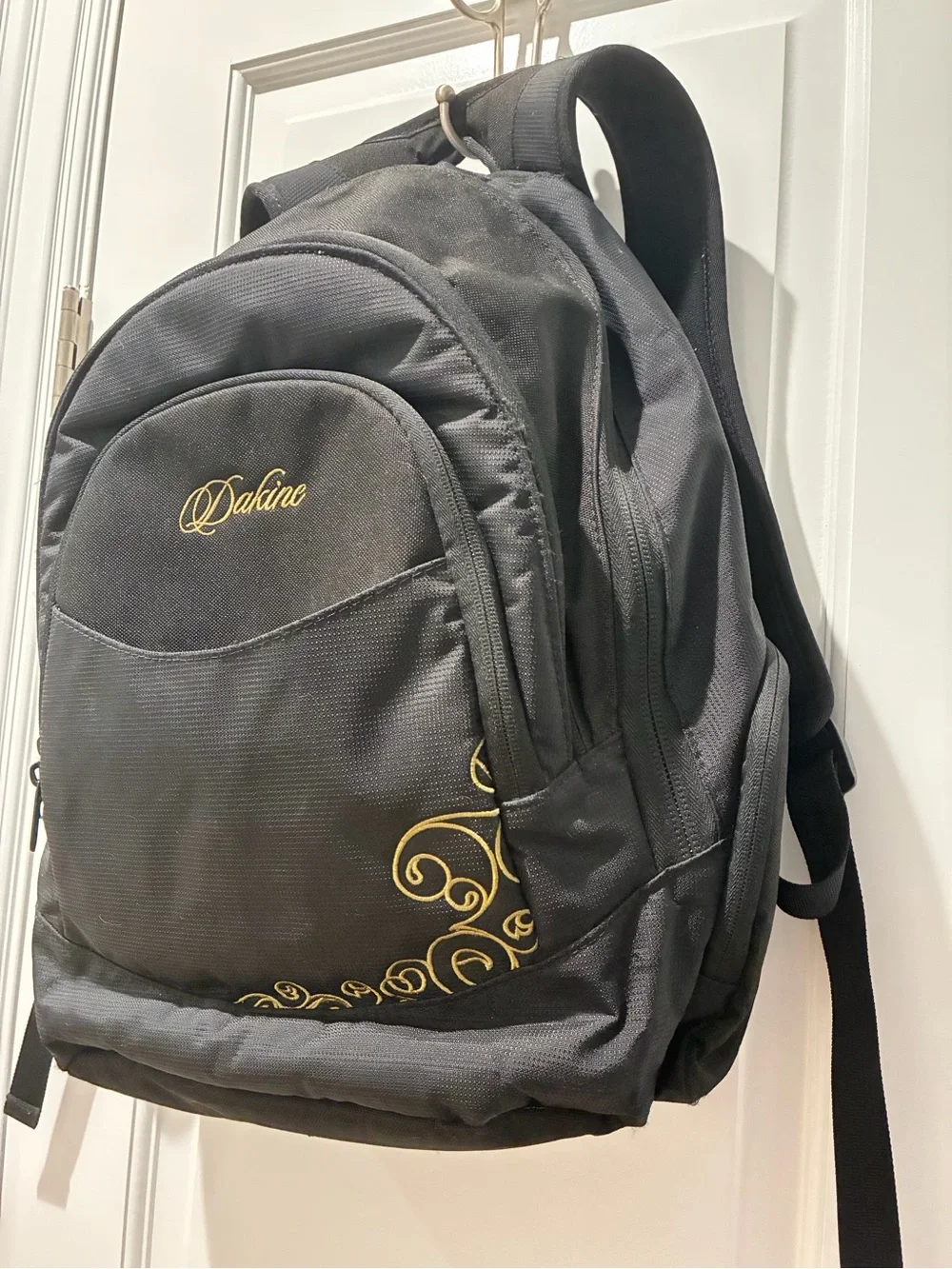 Vintage Y2K Dakine Black & Gold Embroidered Backpack | Polka Dot Lining